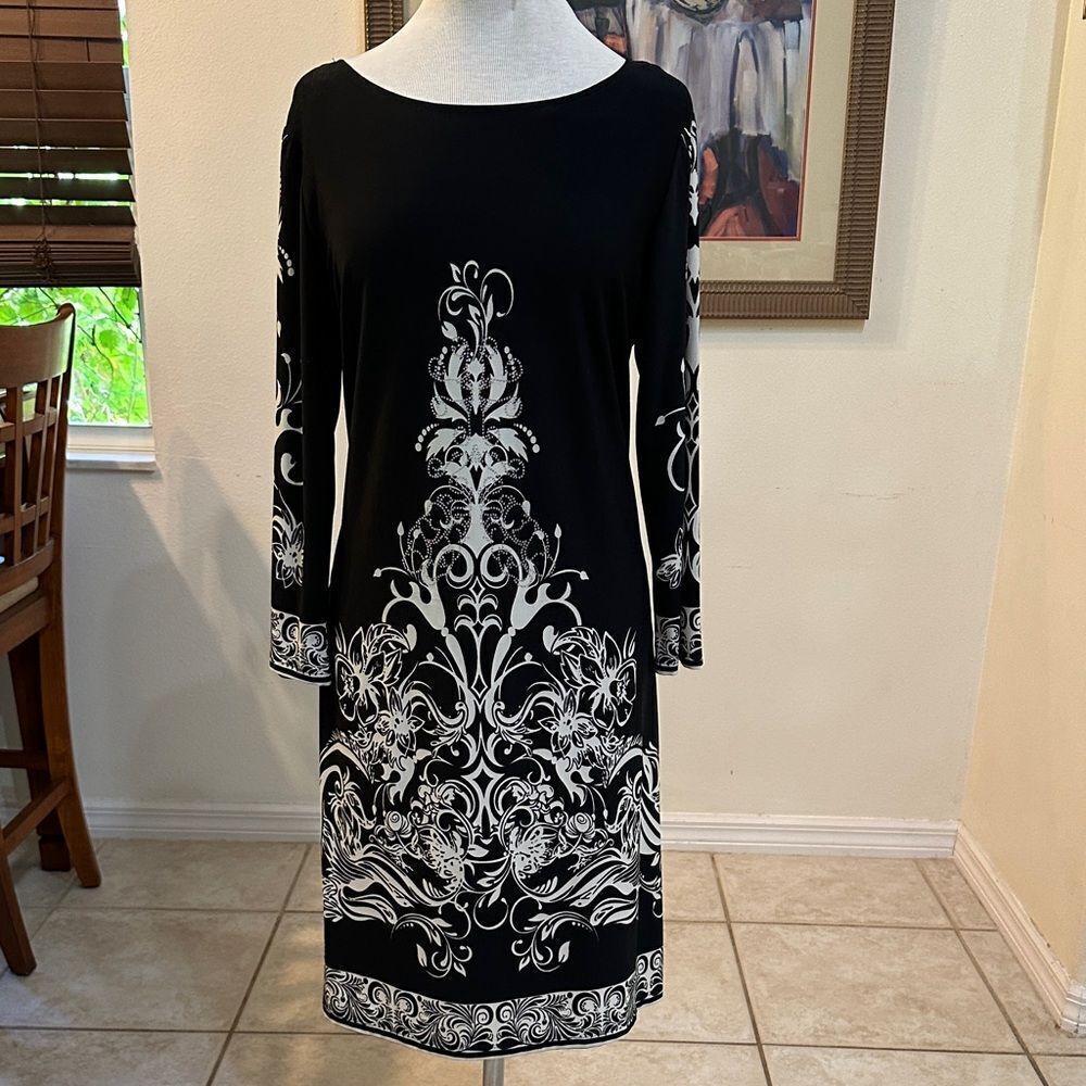HAANI Black/Ivory Geo Patterned Shift Dress w/ Silver Embellishments Size XL